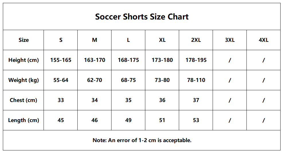 Men Soccer Shorts Size Chart